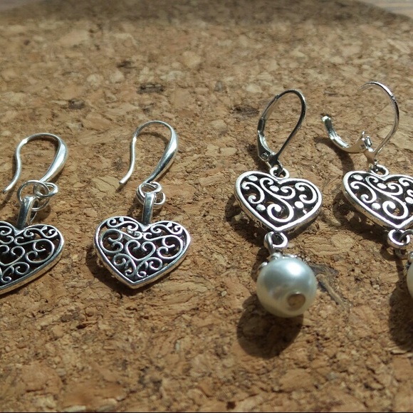2 Pairs Of Tibet Silver Tone Heart Shaped Earrings - Picture 5 of 11